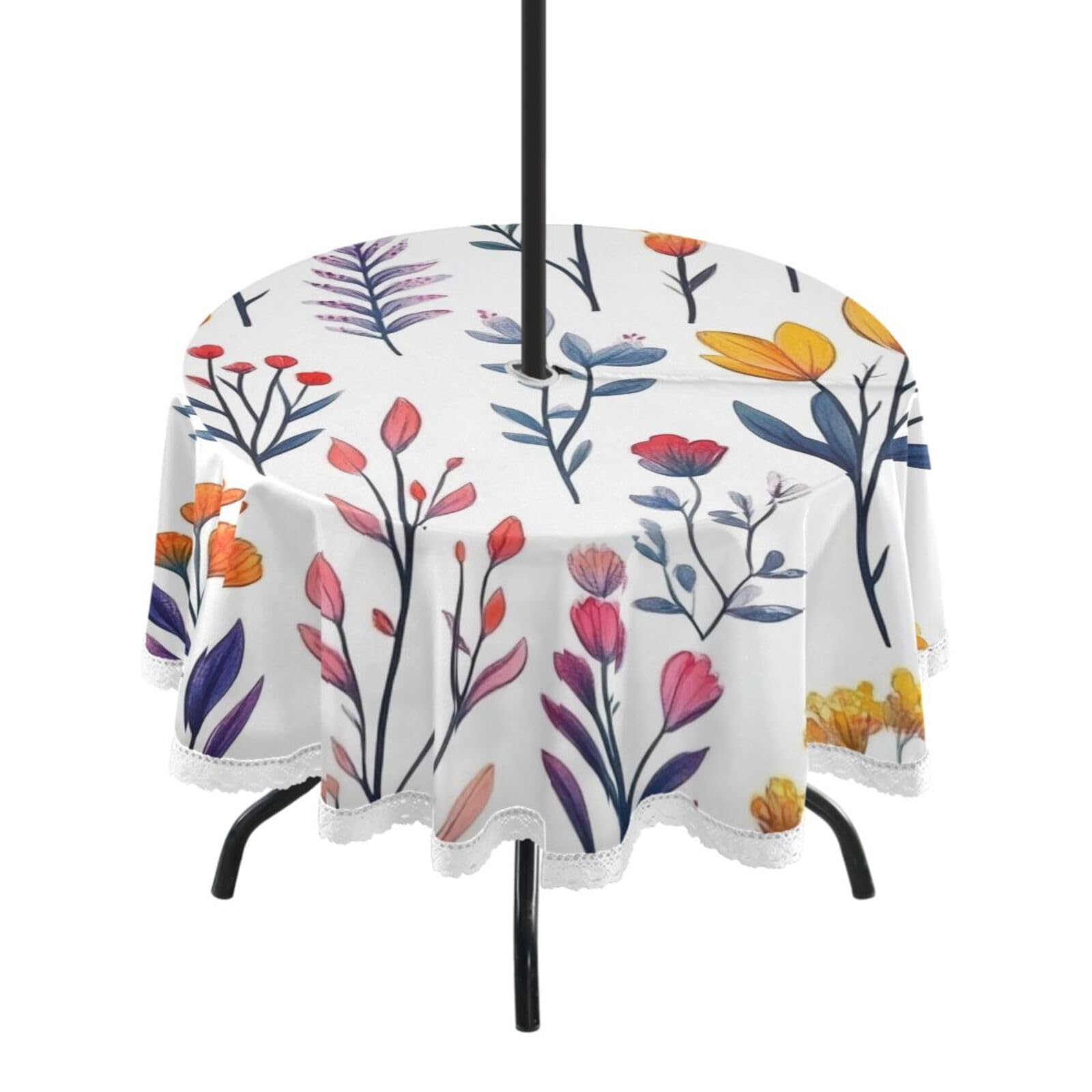Ttgoth Wildflowers Outdoor Table Cloth 152 cm Water Stain & Resistan Tablecloth Wipeable Table Cover with Parasol Hole & Zipper for Garden Patio Party Picnic