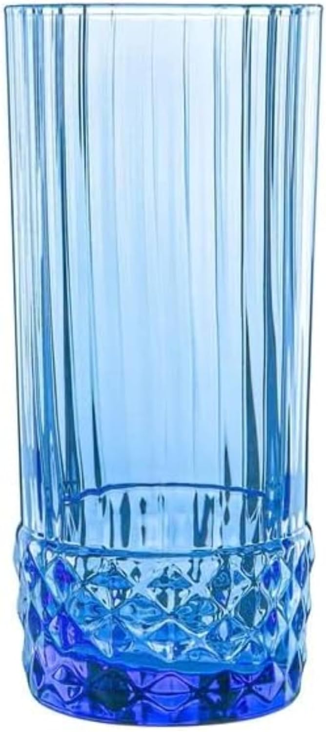 Bormioli Rocco America '20s Set Of 6 Cooler Glasses, 16.5 Oz. Colored Crystal Glass, Sapphire Blue, Made in Italy.