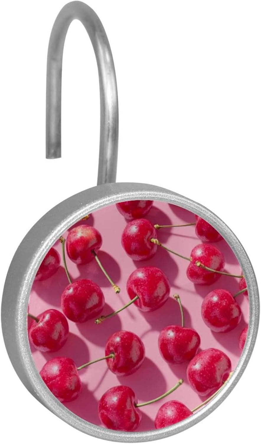 Pink Cherry Patter (2) Round Crystal Glass Decorative Shower Curtain Hooks with 3D Pattern Visual, Rust Proof Shower Curtain Rings-12 Pack
