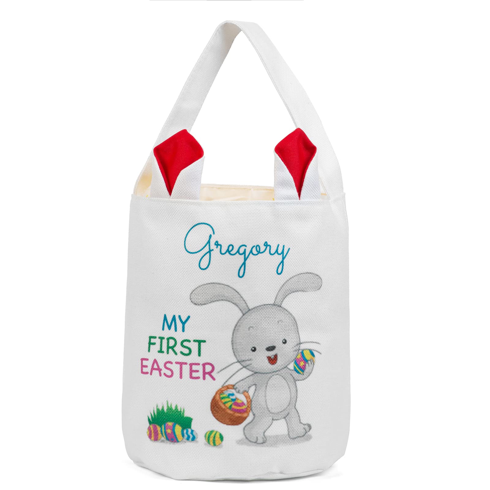 JewelOra Personalized Easter Bunny Basket Bags, Cotton Customized Name Candy Egg Basket Rabbit Print Buckets Cute Easter Basket Toys Bucket Tote Gift Bags(Basket 1)