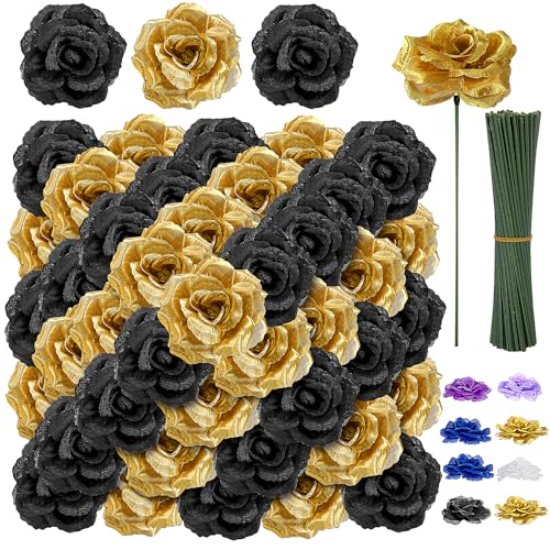 LELEE 108pcs Black Gold Roses Head Flowers with Long Stem - Bridal Artificial Flowers Rose Bulk - Silk Gold Black Rose Fake Flower for Wedding Bouquet Balls Arrangement Table Centerpieces Party Decor