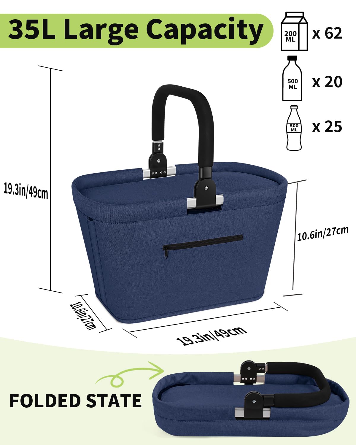 Panier de Pique-Nique Isotherme, 35L Grande Capacité Panier Picnic Isotherme Pliable Sac Pique Nique Glacières de Camping et Randonnée Extérieur Portable, Isolation Chaud/Froid - Bleu