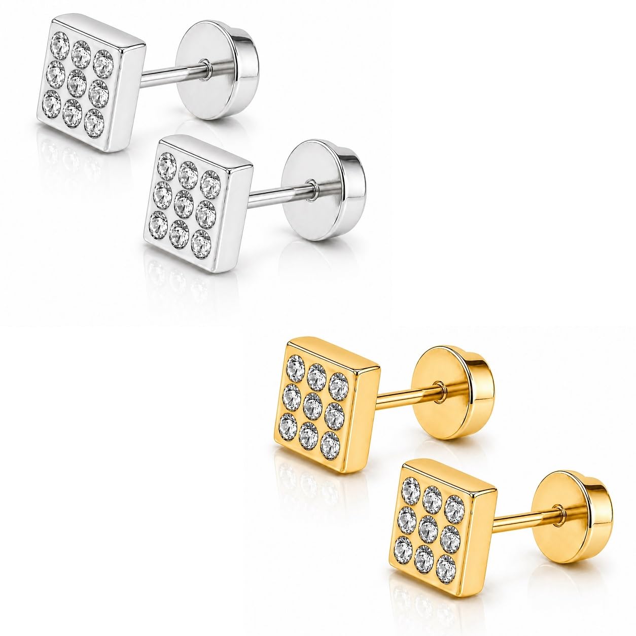 1 Pair Silver Finish & 1 Pair Golden Plated Sparkling Stylish & Anti-Tarnish Square Cubic s Screw Back Zircon Stainless Steel-image-36