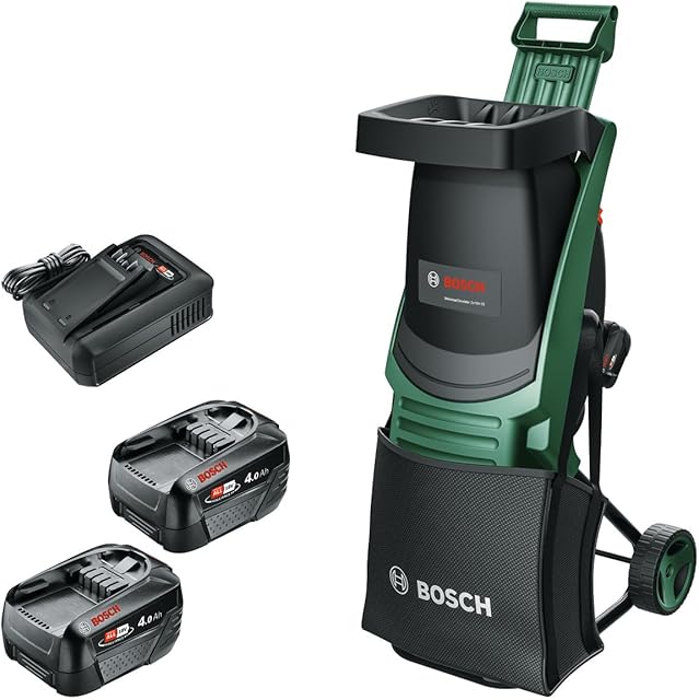 Bosch Bosch Akku-Häcksler UniversalShredder 2x18V-25 (Wendemesser, schneidet Äste bis 25 mm, bürstenloser Motor, OptiCut, Schnelleinlauftrichter, inkl. 2 x 18V 4,0Ah Akku, 28 l Auffangbeutel, Ladegerät) — Häcksler