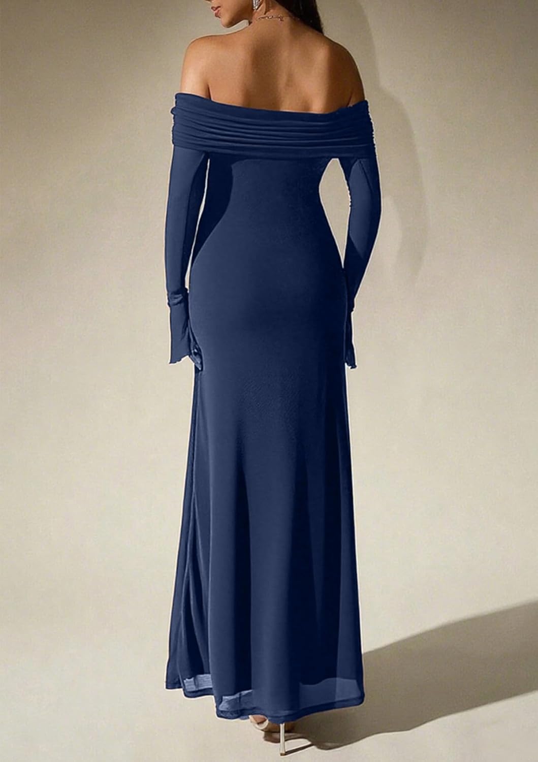 Women Off Shoulder Bodycon Maxi Dress Long Sleeve Mesh Ruched Party Formal Wedding Guest Dresses - Image 3