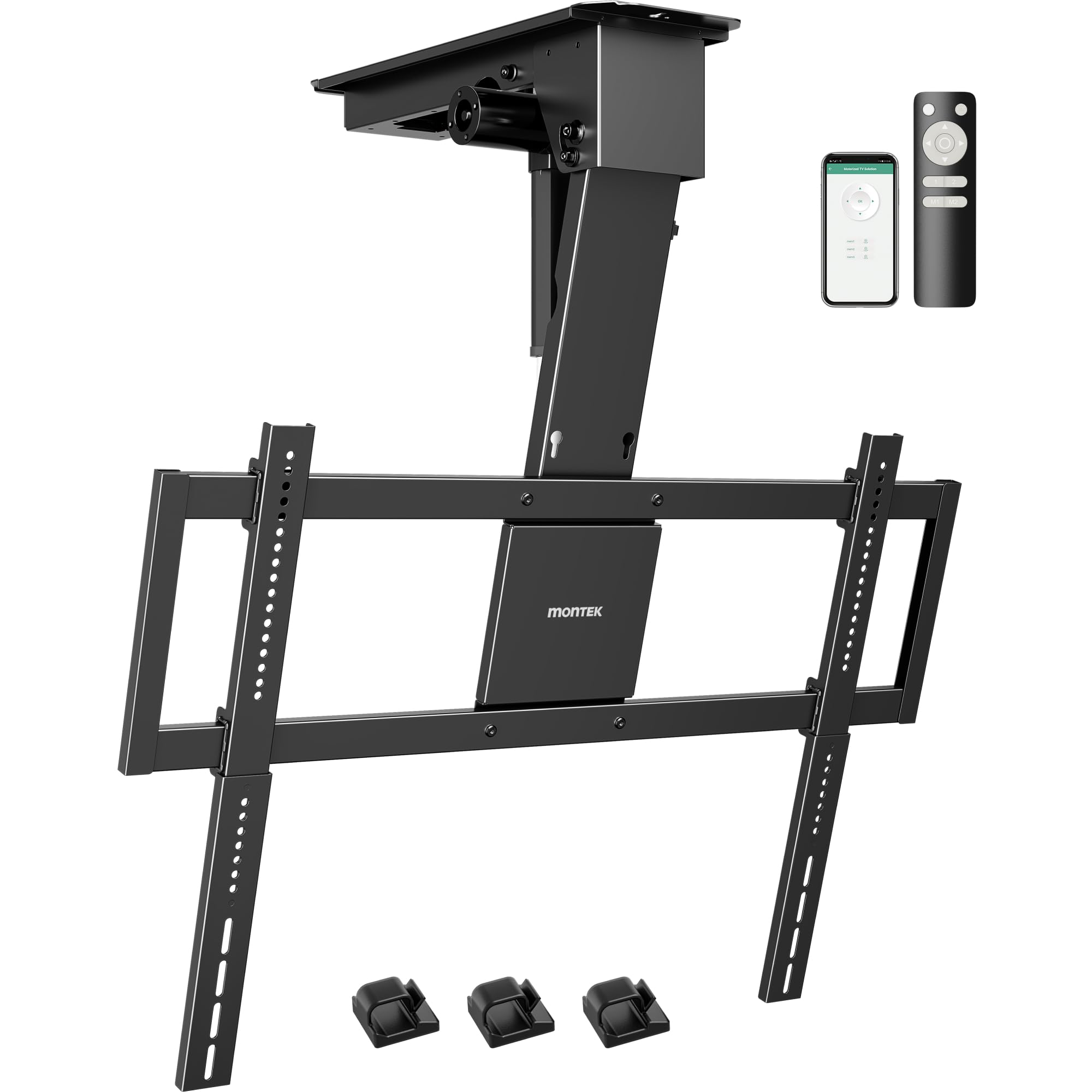 monTEK Soporte de techo motorizado para TV de 43 a 86 pulgadas, soporta hasta 55 kg, compatible con VESA fuera del centro, mando a distancia/aplicación/control por voz, adecuado para techos planos e