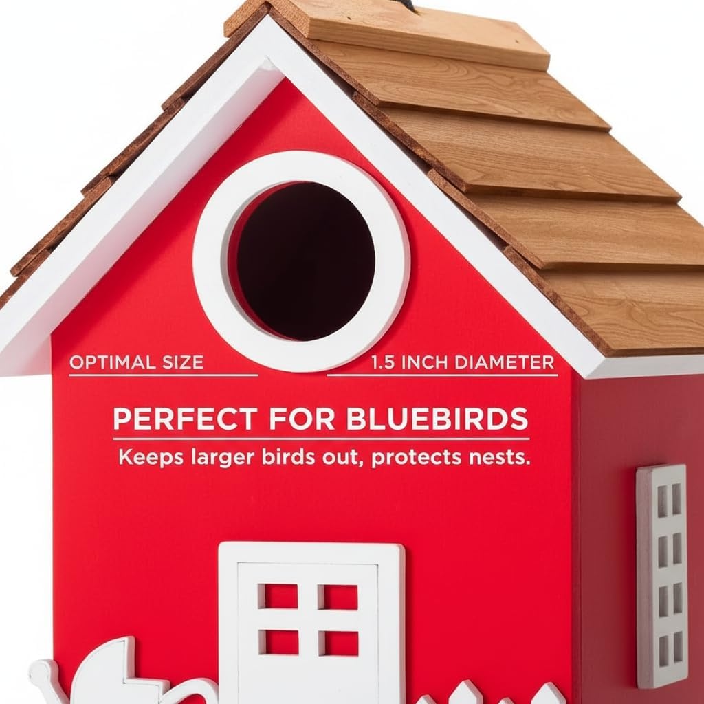 CEDAR ALPHA Vinyl Water Proof Bird House for Outside, Shingle Roof Bluebird House Nesting Box, Squirrel Proof Hanging Birdhouse, 5 Years Weatherable for Outdoor Decoration,Bird Box for Pole (Red)