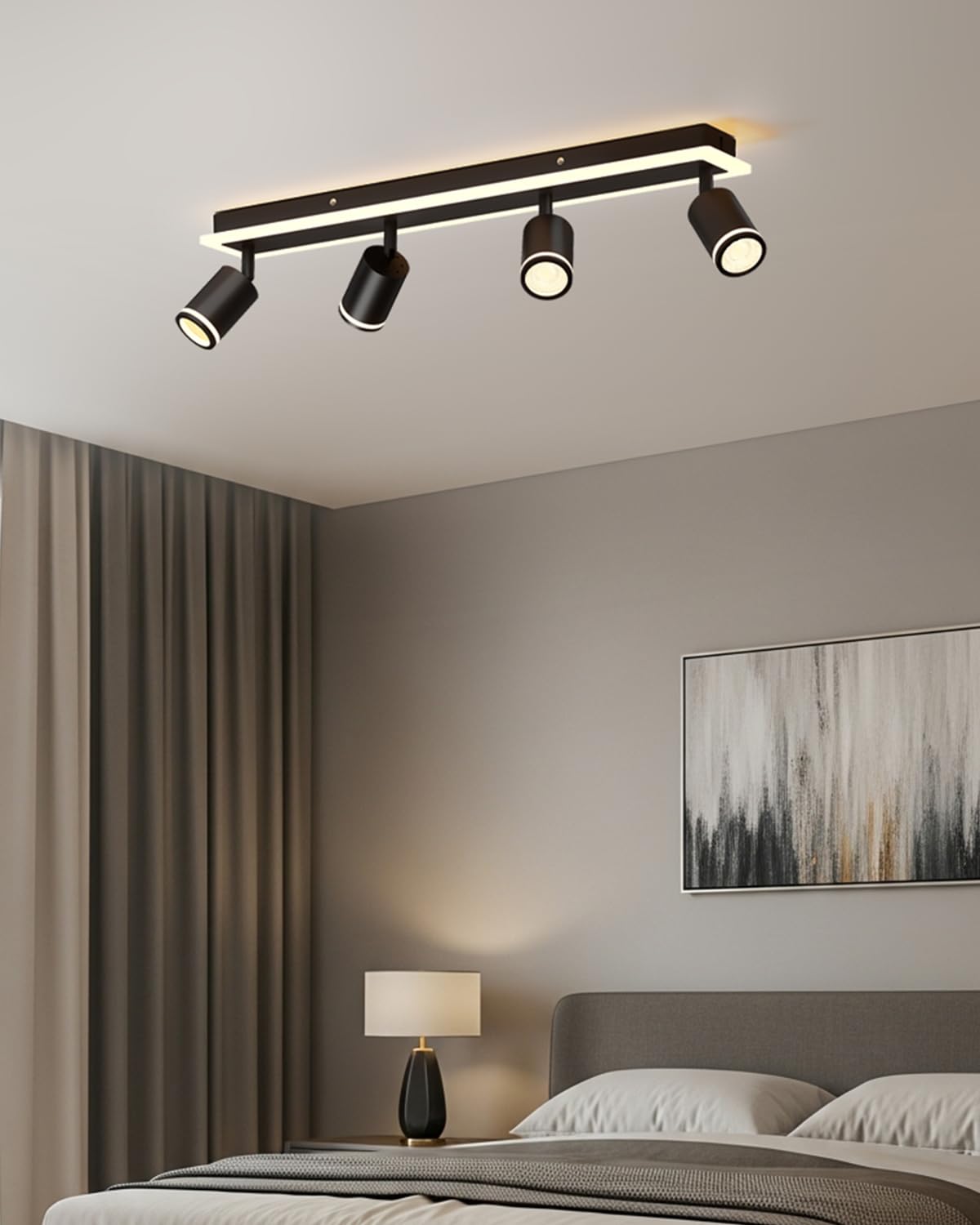 LVWIT Luminaire Plafonnier LED, 4 Spot de Plafond Salon Noir GU10, Luminaires Intérieur Pour Cuisine, Base Rectangulaire Avec Barre Lumineuse Intégrée (Sans Ampoule)