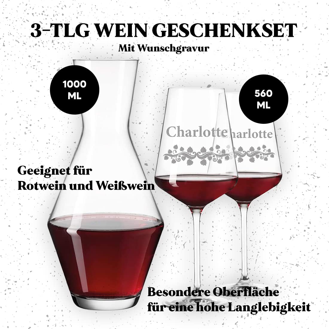 polar-effekt Leonardo Lot de 3 verres à vin rouge et décanteur en verre personnalisé avec gravure – 460 ml – Cadeau pour Noël – Motif vigne