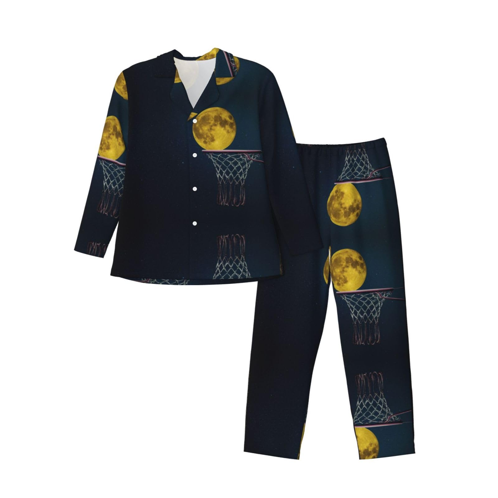 Aseelo Men's Moon And Basketball Long-Sleeved Pajama Set Long Sleeve Top And Bottoms Pyjamas Comfortable And Breathable Nightwear Pjs M
