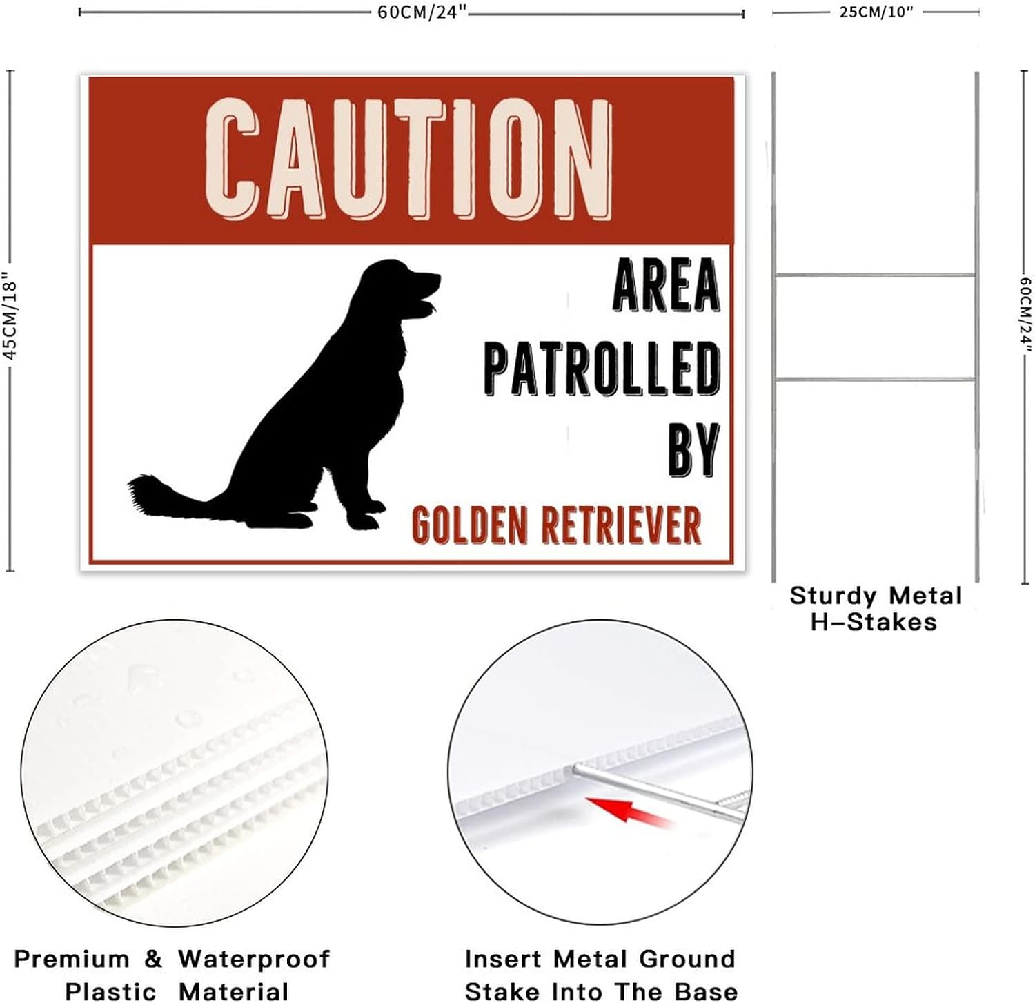 Farmhouse Decorative Yard Sign 18x24 Caution Area Patrolled by Golden Retriever Dog Waterproof Corrugated Plastic Warning Yard Sign with H-Stakes Decor for Lawn Garden Yard Home Outdoor