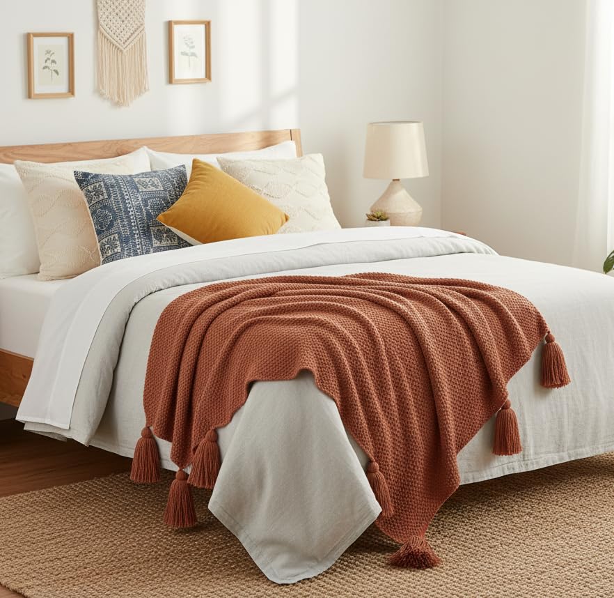 Image of Furnistitchs Plain Solid Knitted Sofa Throw Blanket 50x60 inches / 125x150 cms| Cotton Plain Knit with Tassels | Aesthetic Bohemian Decorative Couch Throws for Living Room & Bedroom (Rust)