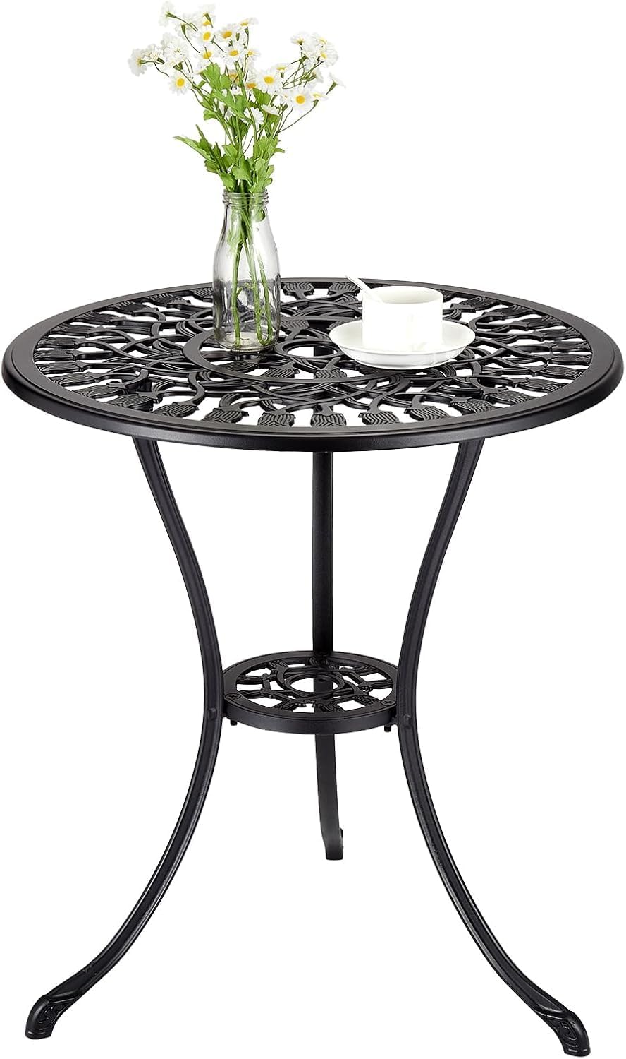 23 Inch Small Round Patio Bistro Table, Weatherproof Outdoor Coffee Table with Umbrella Hole & Vintage Floral Pattern, Cast Aluminum Side Table for Garden/Porch/Backyard, Black