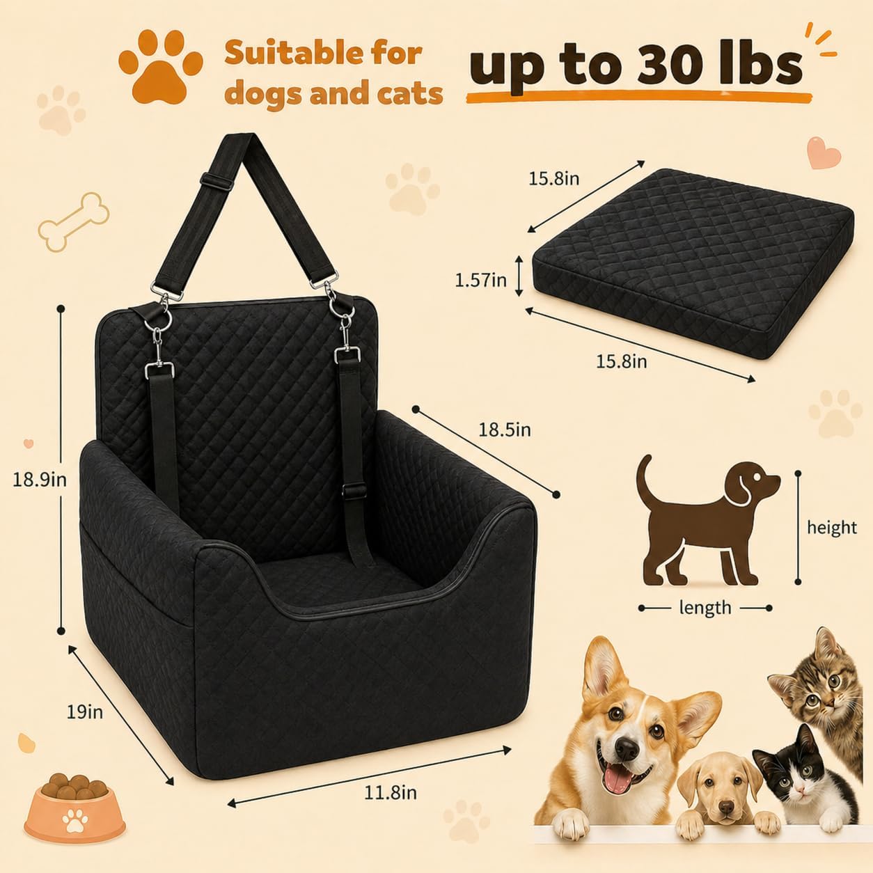 ALL GOOD PET SUPPLIES Dog Car Seat for Small/Medium Dogs Under 35lbs, Soft Booster Car Seat with Detachable Washable Cover and Cushion, Puppy Dog Car Bed, Black