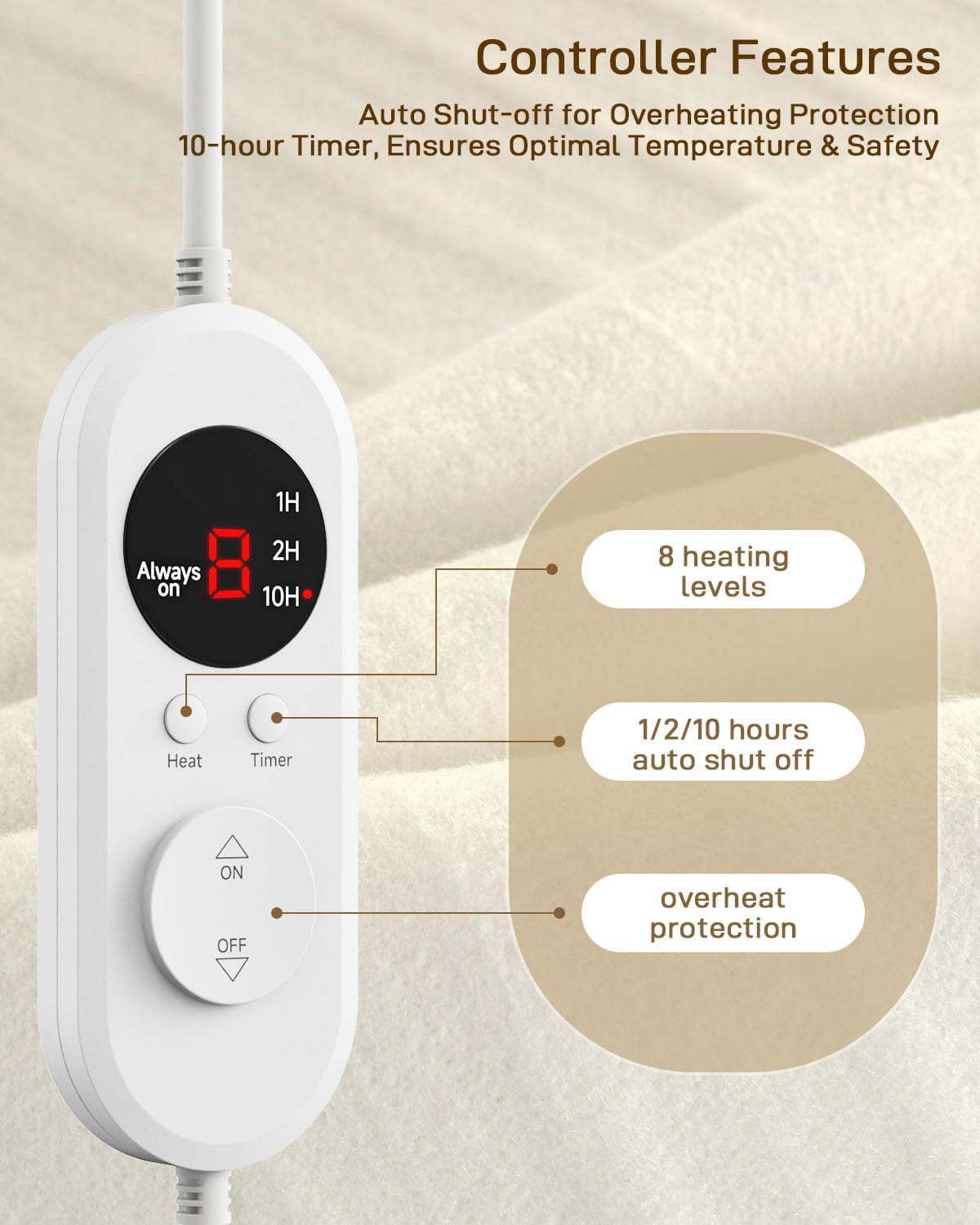 Heated Mattress Pad Queen Size - Electric Mattress Pad with Dual Control, Soft Blanket, Bed Warmer Heater Sheets, 8 Heating Settings,1/2/10 Hours Auto Shut Off, 60" x 80" Snow White - Image 3