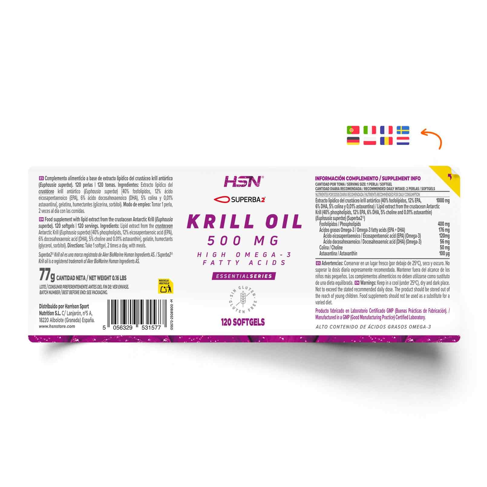 HSN Olio di Krill Omega 3 500 mg Superba2 | 120 perle | Alto contenuto di fosfolipidi (40%) | EPA e DHA per cuore e cervello | Krill Antartico di origine controllata | Senza glutine