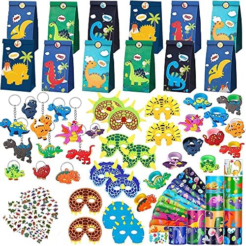 78pcs Dinosaur Party Favours Bag Fillers Toy Kids Decorations For Boys Girls With Snap Bands Masks Bracelets Rings Keychains Stickers Toys Favors Gifts Animal Bags Filler Fidget Birthday Chilrens
