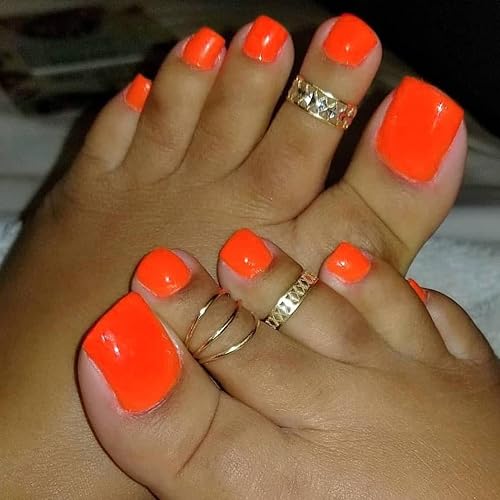 Outyua Glossy Toe Nails Orange Press on Toenails Acrylic Square