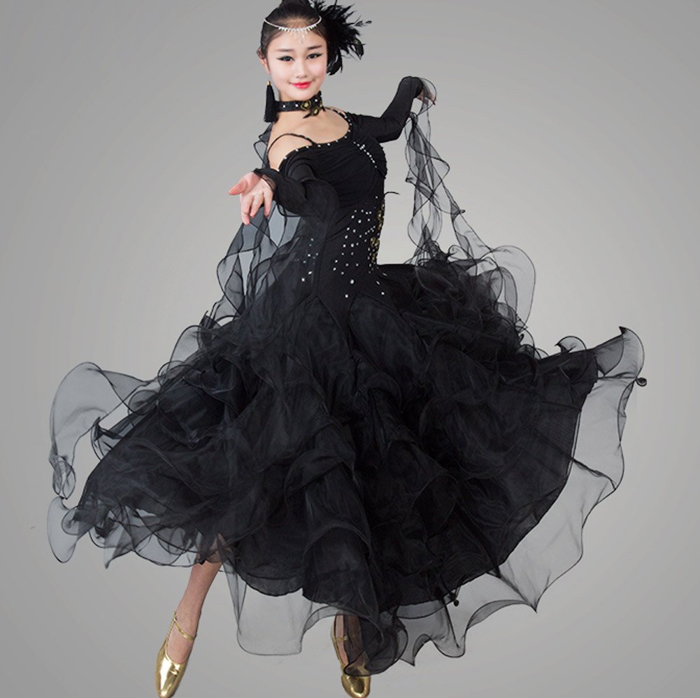 YC WELL Women Modern Waltz Tango Smooth Ballroom Dance Dress Standard Ballroom Dress(Black,2XL)