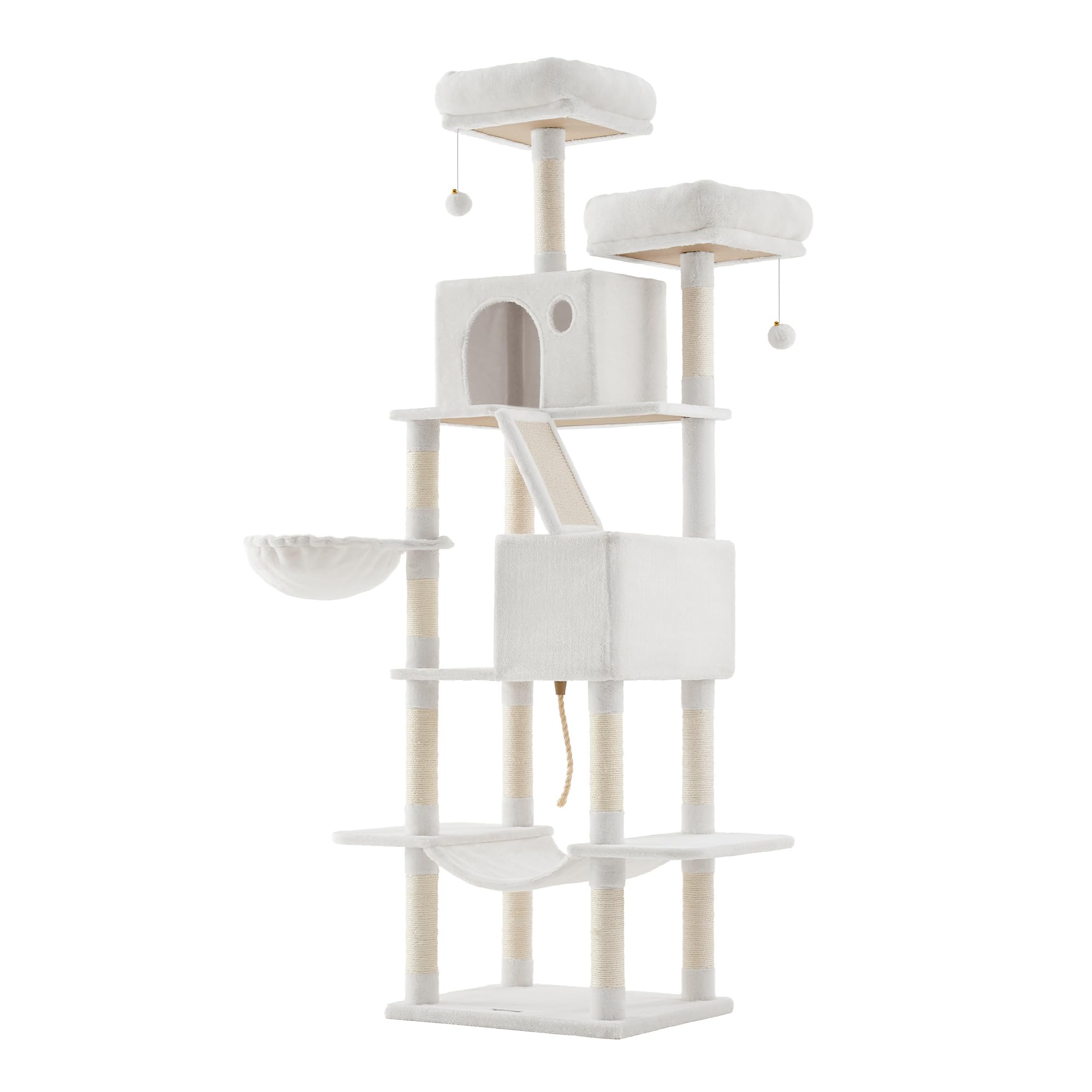 Feandrea Cat Tree, 206 cm Large Cat Tower Condo with 13 Scratching Posts, 1 Scratching Ramp, 2 Perches, 2 Caves, Basket, Hammock, Pompoms, Cream White PCT190T01V1
