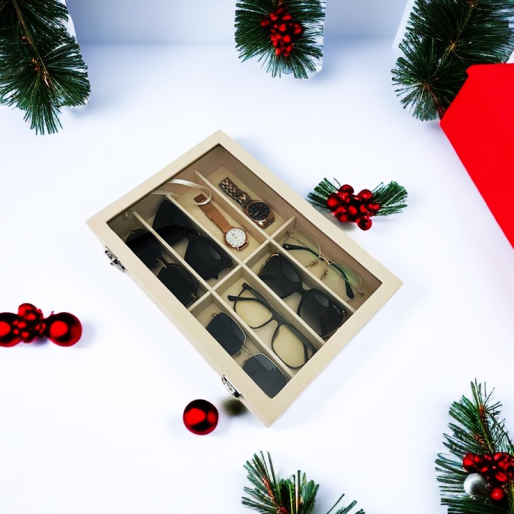 Large Beige Premium Quality Velvet Jewelry Display Box Tray Stackable Practical Trade Show Home Store Eyewear Tray with Glass Lid