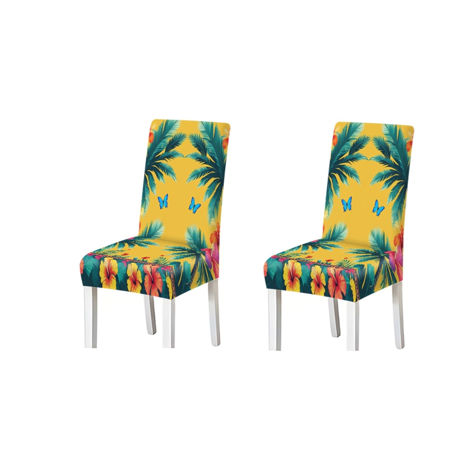 KXUAUV Tropical Yellow Palm Leaf Dining Chair Covers Set Of 2/4/6, Stretch Hibiscus Floral Chair Slipcovers For Kitchen Dining Room Seat Protectors for Restaurant Hotel Party(2PCS Chair cover)