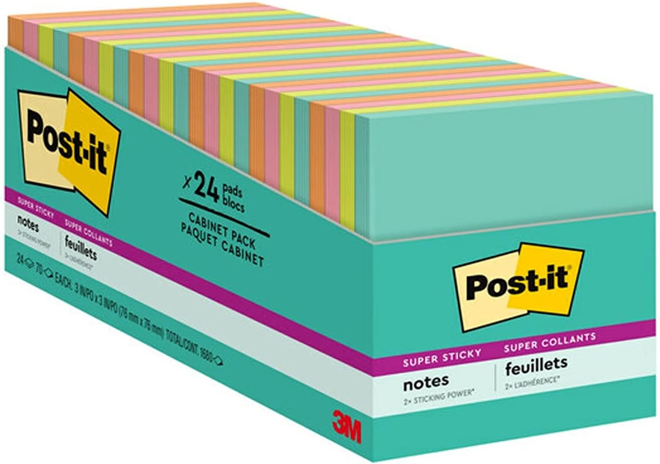Post-it Super Sticky Notes, 3x3 inches, 24 Pads, 2x the Sticking Power, Miami Collection, Neon Colors (Orange, Pink, Blue, Green), Recyclable(654-24SSMIA-CP) : Office Products