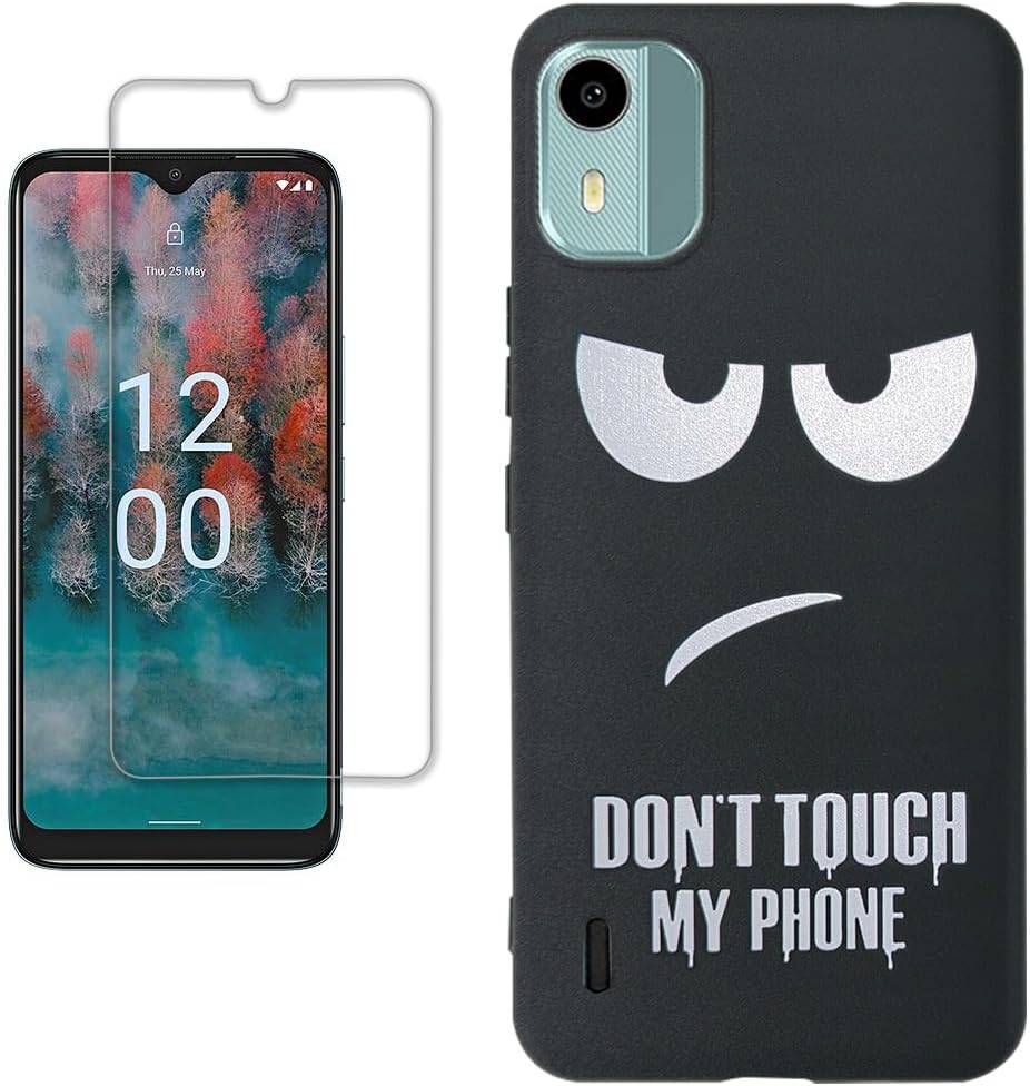 LYZXMY Case For Nokia C02 (5.45") Tempered Film Glass Screen Protector - Black Silicone Soft