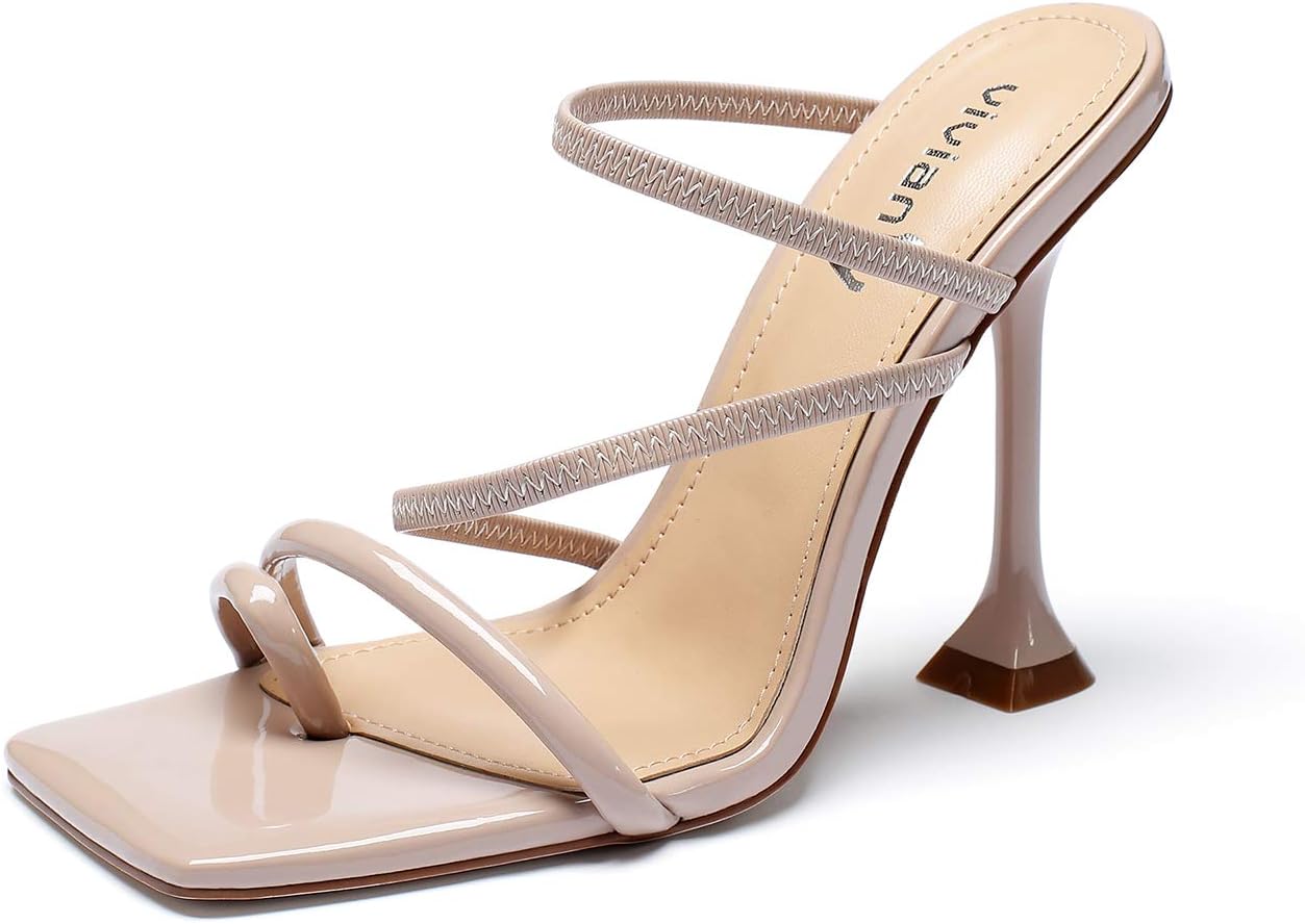 vivianly Women's Toe Ring Strappy Heels Sandals Square Open Toe Sandal Stiletto High Heel Slip on Dress Wedding Party Shoes
