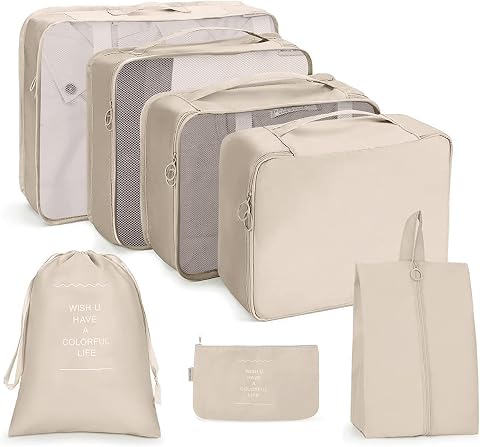 7 Sets Travel Storage Bags Packing Cubes Luggage Organizer Travel Packing Pouches（Beige）