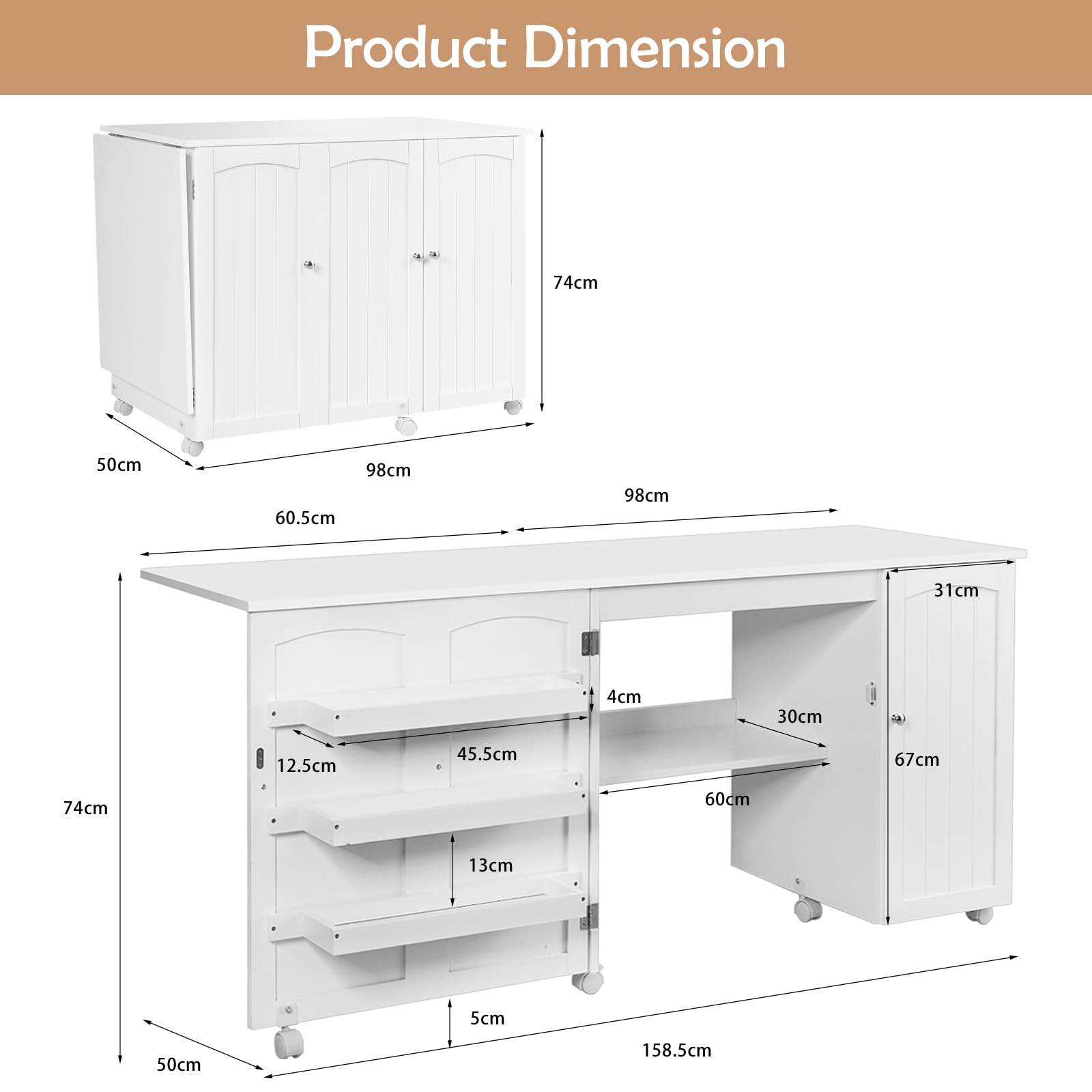LIFEZEAL 3 in 1 Nähmaschinenschrank, Klappbarer Nähtisch auf 6 Rollen, Mobiler Nähschrank mit Ablage & 3 Regale, Computertisch für Zuhause&Büro, 158,5 x 50 x 74 cm (Weiß)