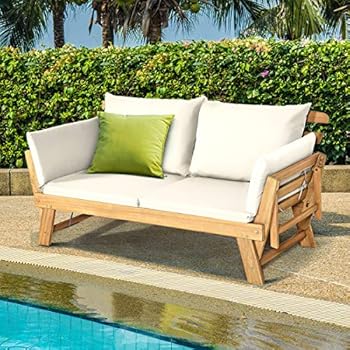 Alternative view of Tangkula Acacia Wood Patio Convertible Couch Sofa Bed with Adjustable Armrest, Outdoor Daybed with Cushion & Pillow, Folding Chaise Lounge Bench Ideal for Porch Courtyard Poolside (White)