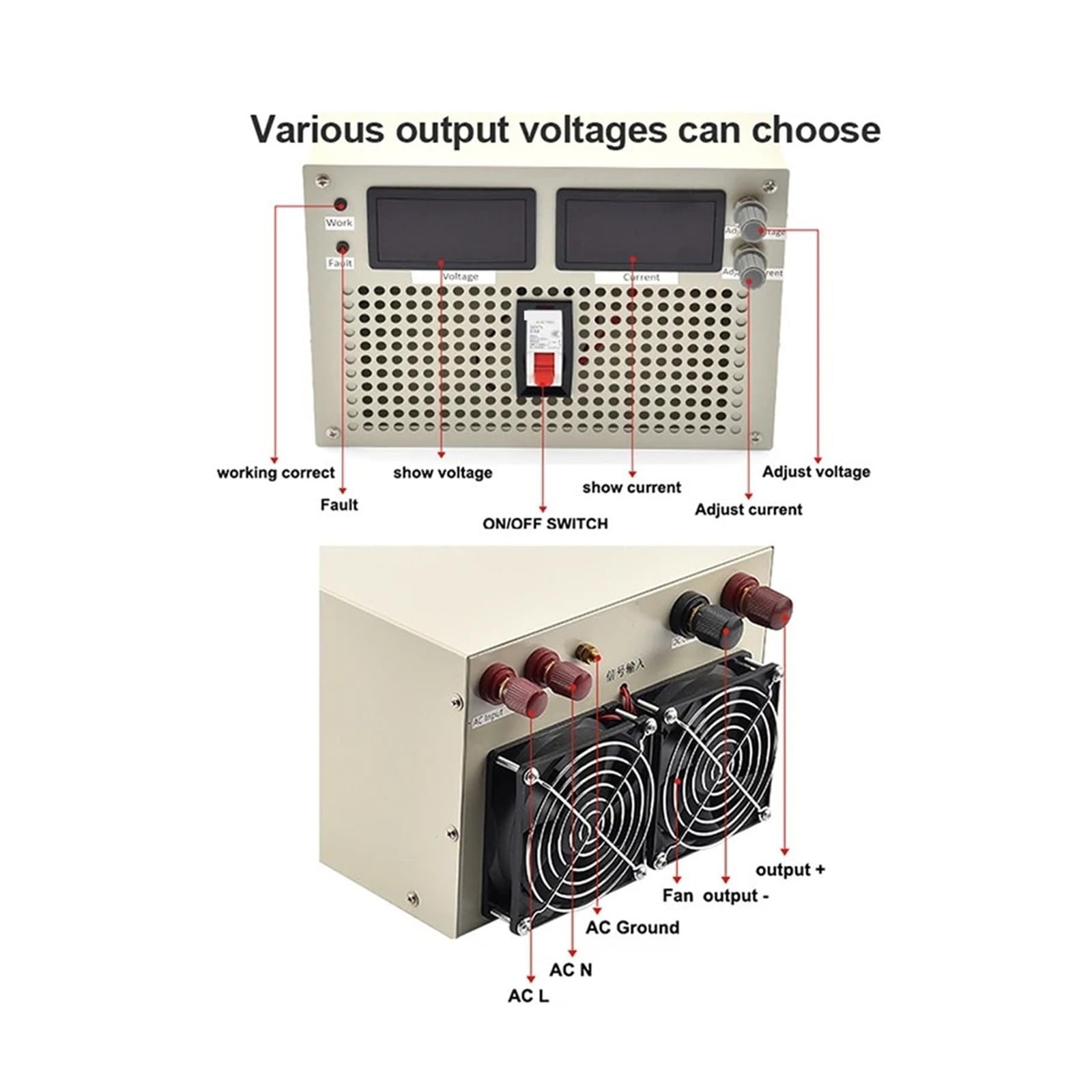 Zasilacz impulsowy prądu stałego 5000 W, przemysłowy, AC na DC, 24 V~500 V, regulowany, z podwójnym wyświetlaczem cyfrowym Kontrola o wysokiej czułości(0-48V 0-104A)
