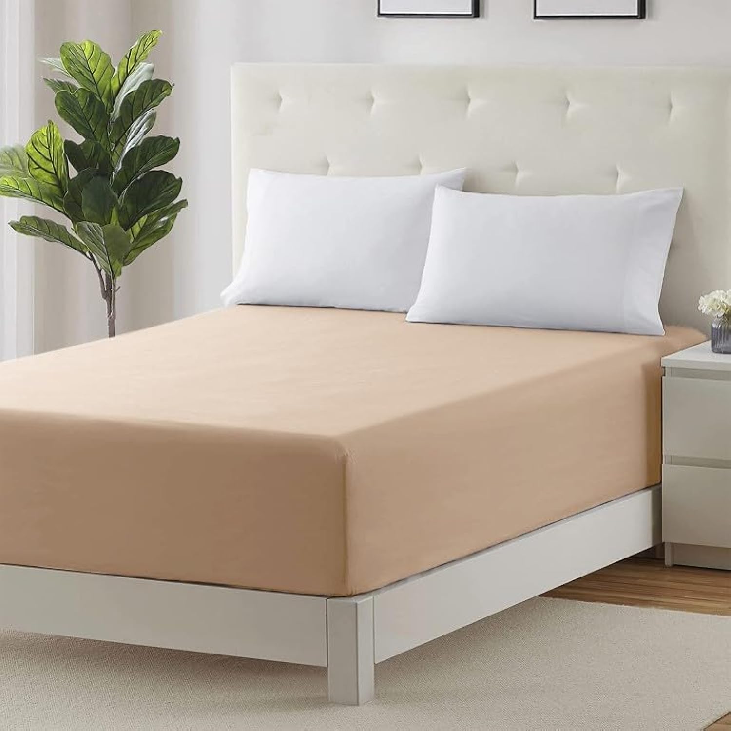 Prime Linens Extra Deep 30Cm Plain Fitted Sheet, Elastic Pocket Breathable Soft Polyester Cotton Bed sheet Machine Washable Fade Resistant (Beige, Single)