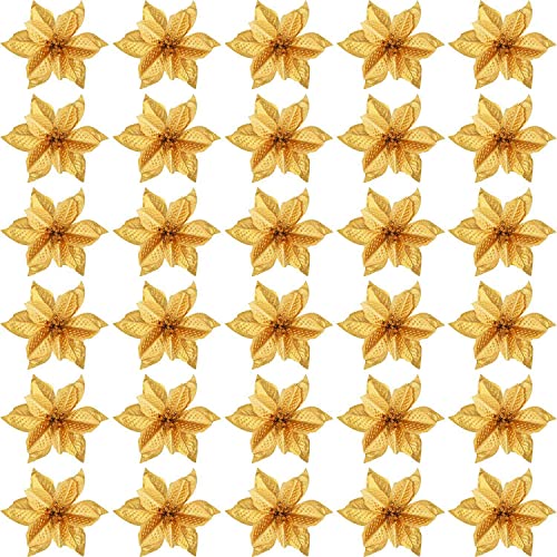 Uniqal Paquete de 50 adornos de árbol de Navidad con purpurina para árbol de Navidad, púas de seda artificiales, guirnaldas navideñas (dorado) Cover