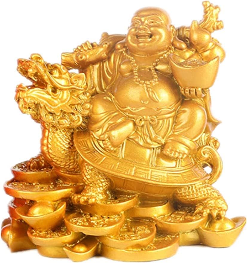 Escultura de Buda Maitreya que monta la estatua de la tortuga del dragón que monta la estatua de la decoración del hogar Atrae riqueza, prosperidad