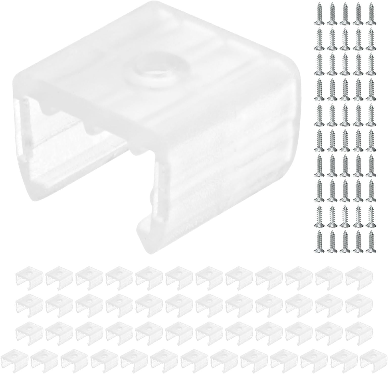Waterproof LED Strip Light Clips [50pcs] - Mounting Clips with Screws for 10 to 12mm LED Neon Flexible Strip Lighting, Neon Signs DIY - [Transparent - 0.59 in]