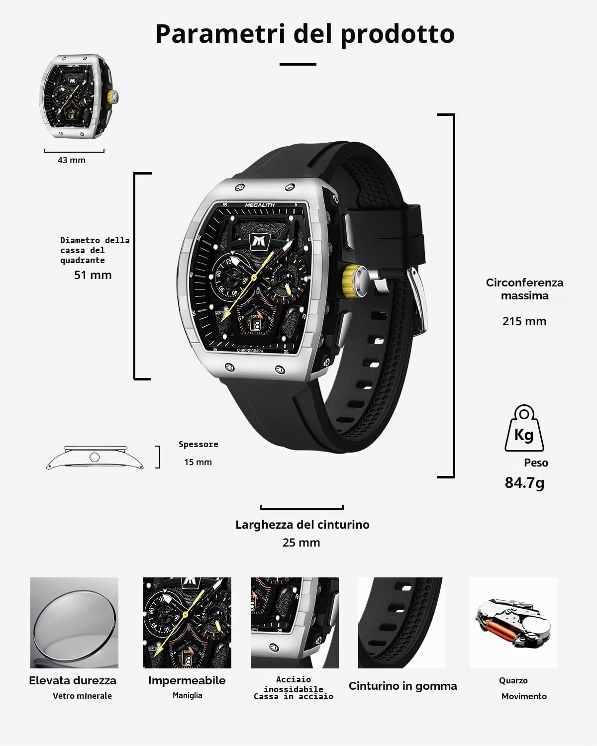 MEGALITH Orologio Uomo Militare Grande Sport Orologi da Polso Cronografo Impermeabile Orologio Uomo Moda Analogico Quarzo Quadrato Quadrante Disegno Gomma Luminosi Calendario Regali Eleganti per Uomo