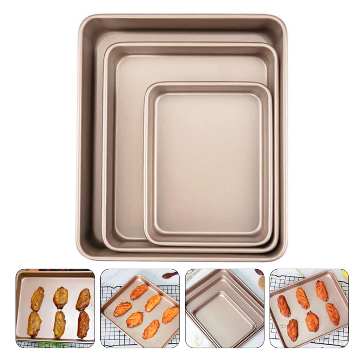 Set de 3 Moldes Rectangulares de Acero al Carbono Dorado para Hornear, Bandejas Fáciles de Usar y Convenientes para Pasteles y Fiestas de Alimentos