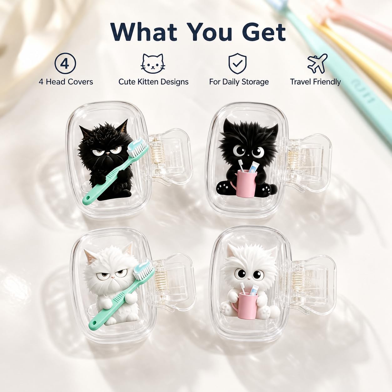 4pcs Toothbrush Head Covers Set of 4, Cute Kitten Toothbrush Protective Cover Holder, Portable Toothbrush Head Caps for Bathroom Travel Storage, Cat Design Bristle Covers
