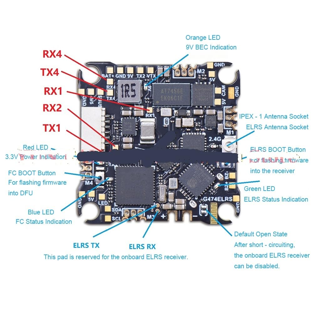 G474ELRS AIO Wbudowany odbiornik 2,4G ICM42688-P OSD 8 MB czarna skrzynka 5V 1,5 A 9 V 2 A BEC 1-2S 25 x 25 mm Φ4 mm Nadaje się do drona RC FPV