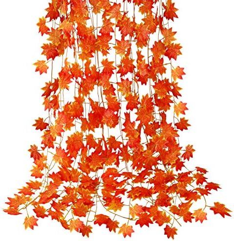 CQURE 12 Pack Fall Leaf Garland, Hanging Vines Garland Artificial Fall Maple Leaves Garland Thanksgiving Decor for Home Wedding Fireplace Party