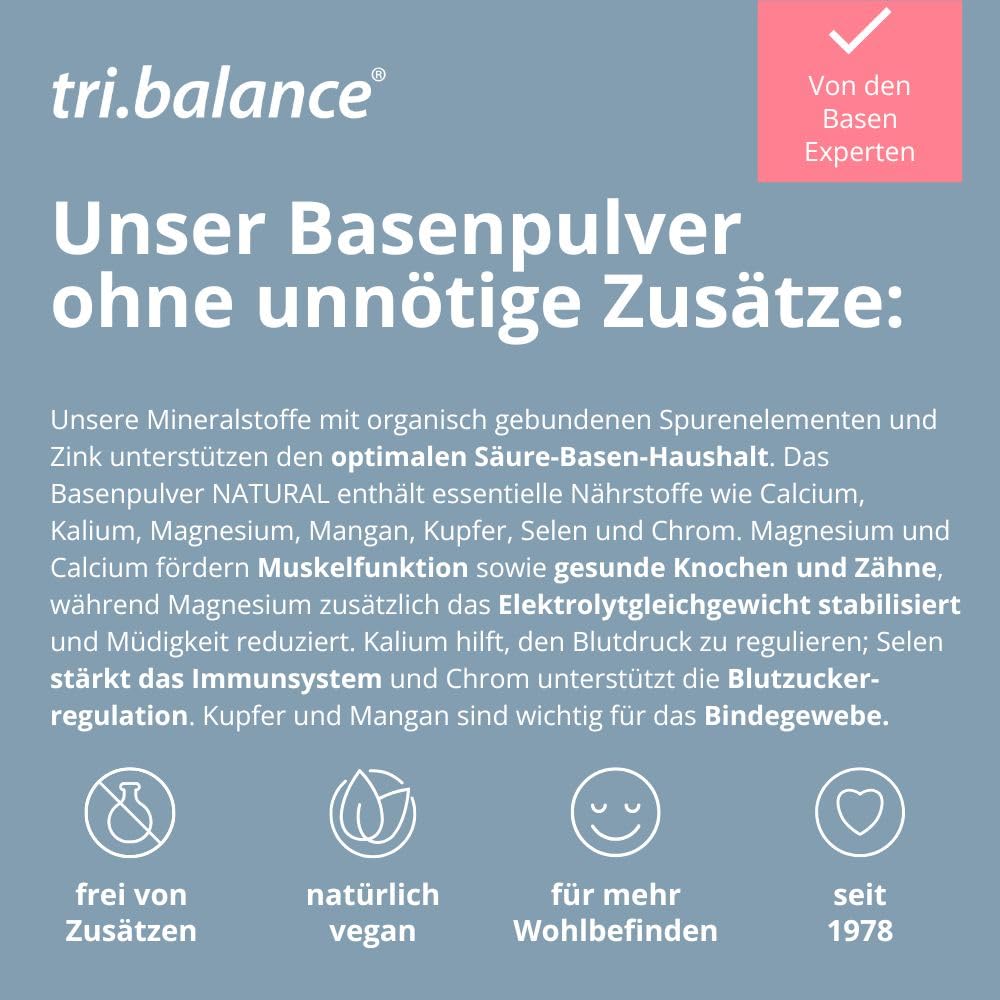 tri.balance Basenpulver NATURAL 4er-Pack 1200 g – ohne Aroma & Süße, vegan | Mit Zink für den normalen Säure-Basen-Stoffwechsel, ohne Zucker und Fruktose, natürlich-mineralisch, ca. 216 Portionen