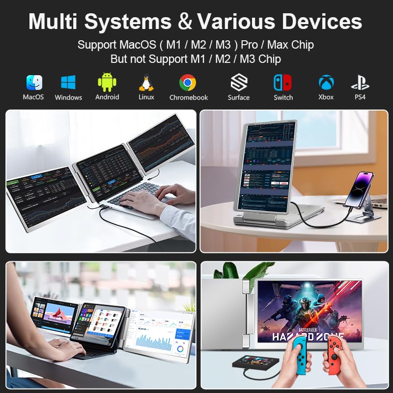 Image of 16 inch Laptop Screen Extender Triple Display - 2560x1600P QHD Portable Monitor, USB C Detachable Plug & Play Extender for 12 inch -17 inch Laptops - Compatible with Windows /Android /PS4 /MacBook