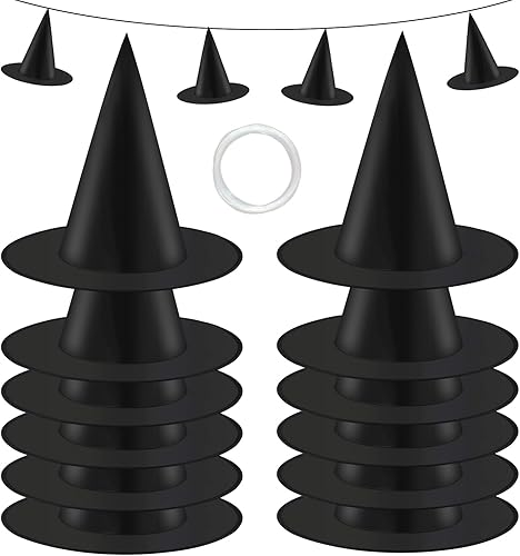 Miniatura 1 de Szsrcywd 12 sombreros de bruja de Halloween, sombreros de mago negro para cosplay con cuerda Haning de 115 pies para decoración de patio de