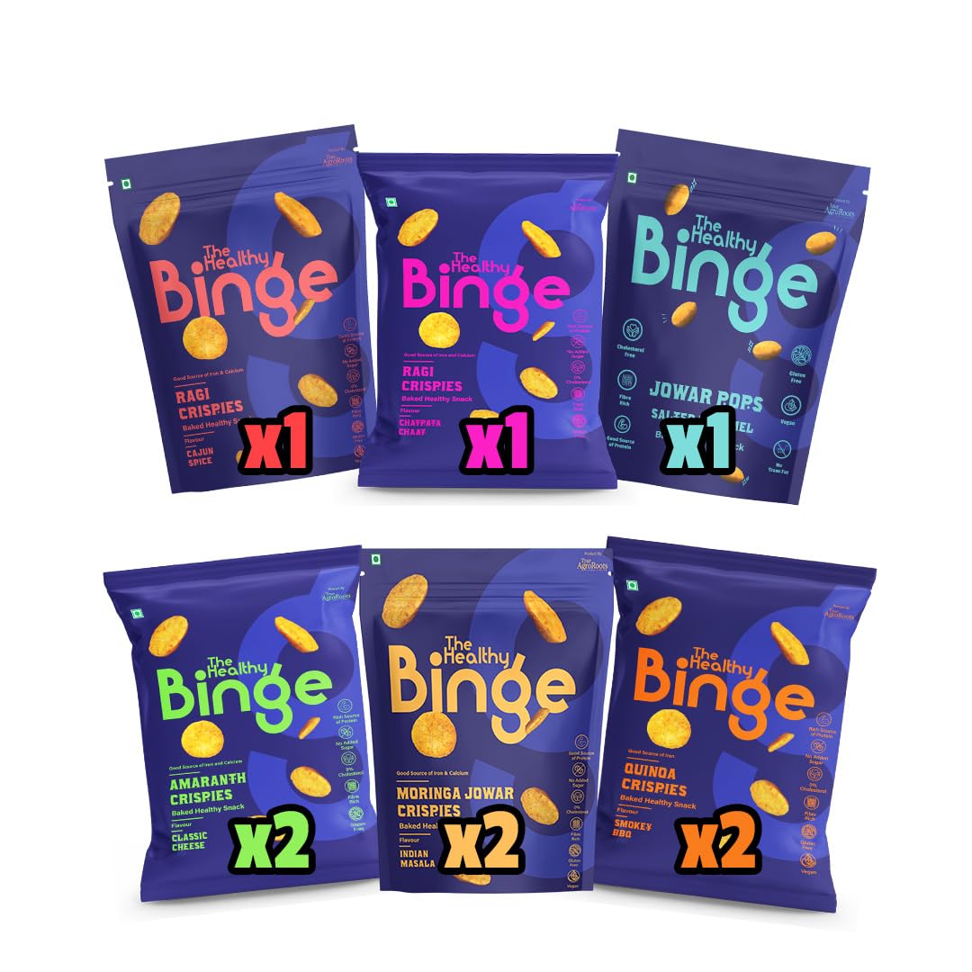 The Healthy Binge Assorted Baked Chips Snacks for Adults and Kids | Ragi, Jowar, Moringa, Amaranth & Quinoa Chips | Protein and Fiber Rich | Indian Masala, Cajun Spice, Cheese, BBQ, Chatpata Chaat, Salted Caramel | Pack of 9 (40 Gm X 9)