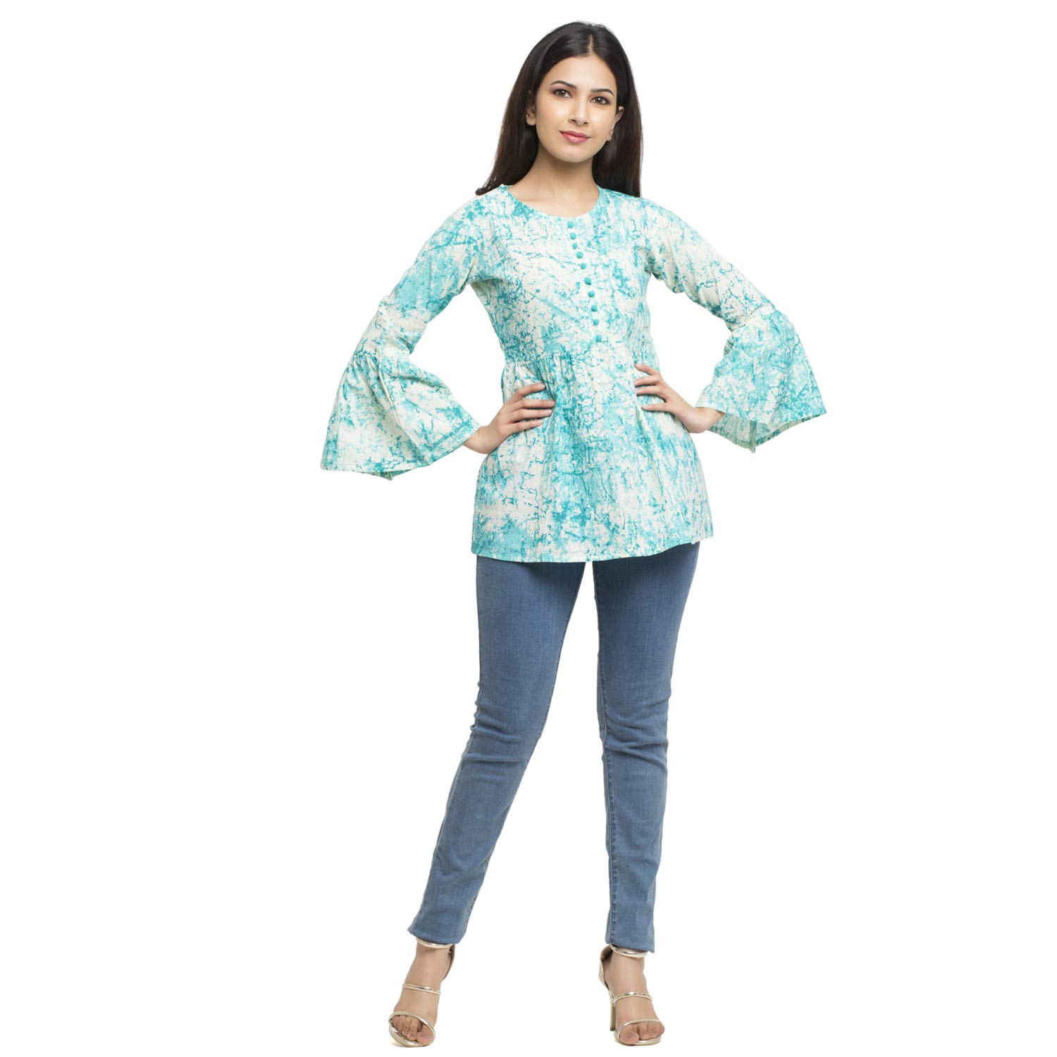 Yash GalleryWomen's Tunic Tops Bell Sleeves Round Neck Printed Girls Casual Top for Summer