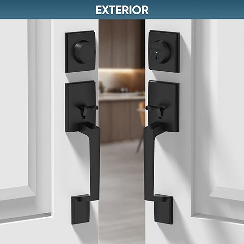 Miniatura 8 de TICONN Juego de manijas dobles para puerta delantera, palanca de puerta cuadrada resistente y cerrojo de un solo cilindro para puertas exteriores de