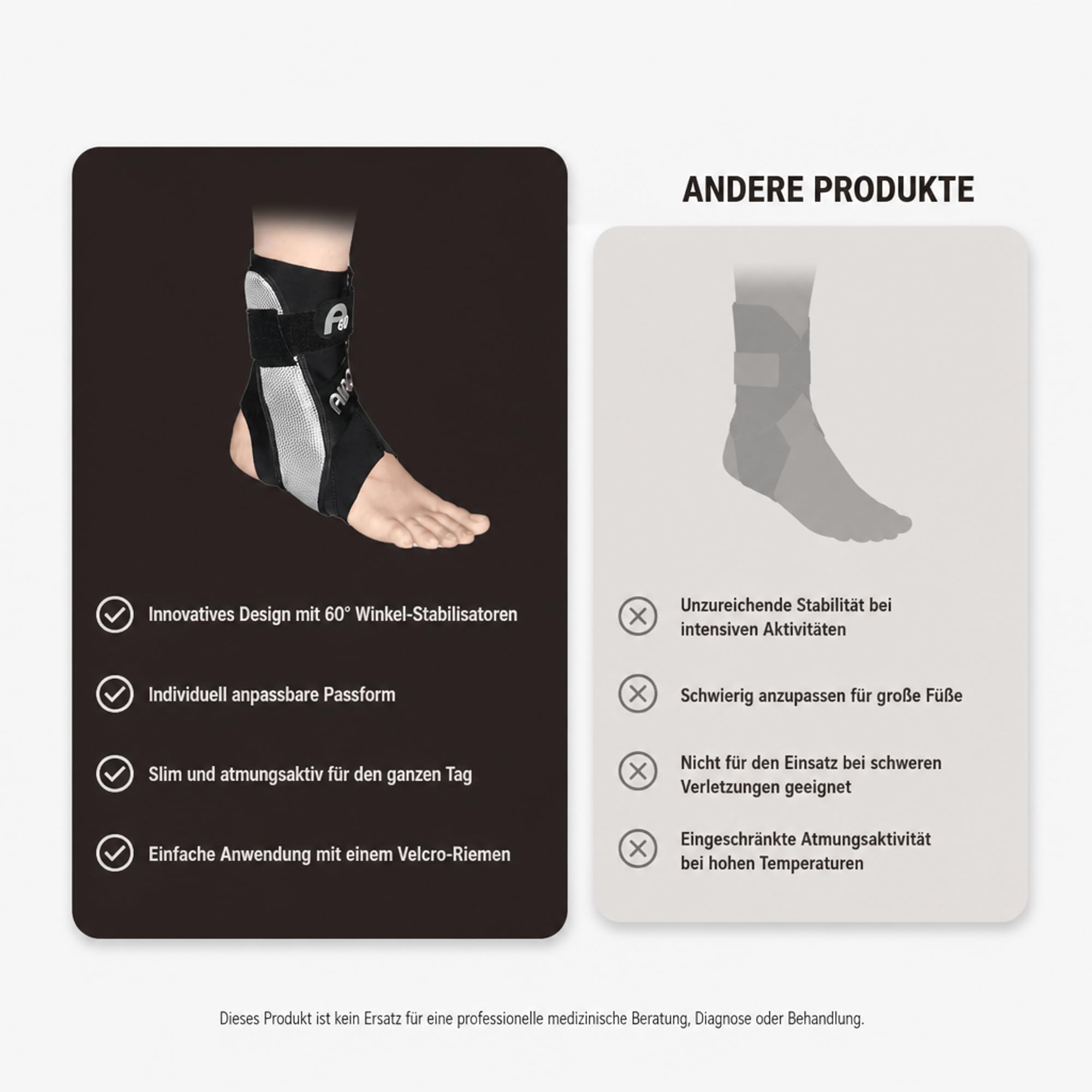 Aircast A60 - Binario per articolazione della caviglia in diverse misure, per sinistra o destra, 1 pezzo, limitazione della supinazione/pronazione grazie alla cinghia antielastica (sinistra, L)