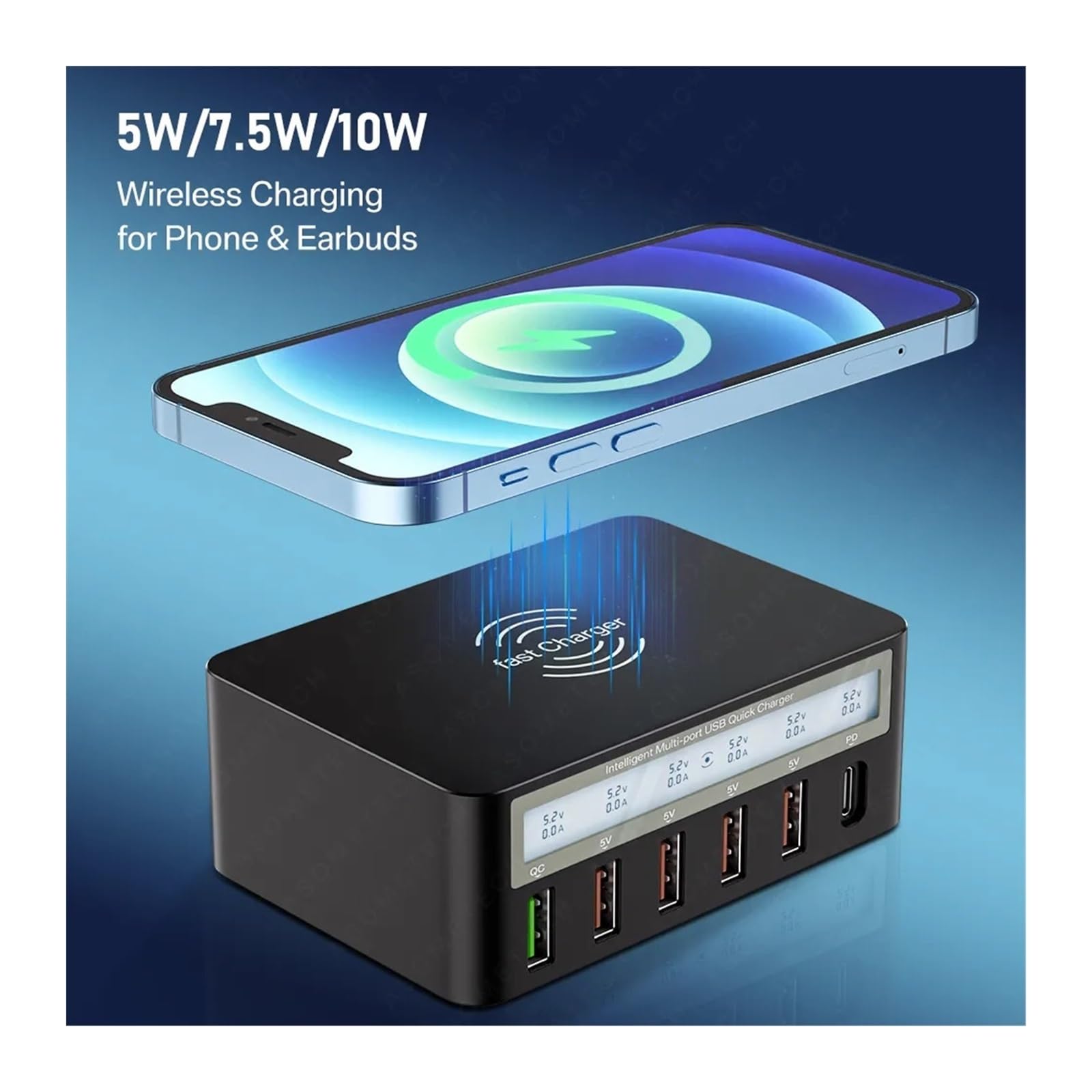 EDEDE Cargador USB C Multiple, Estación de Carga rápida de 6 Puertos del Cargador inalámbrico del Adaptador del Control de Calidad del Paladio de 100W USB, Universal Cargador USB C(100W Black)